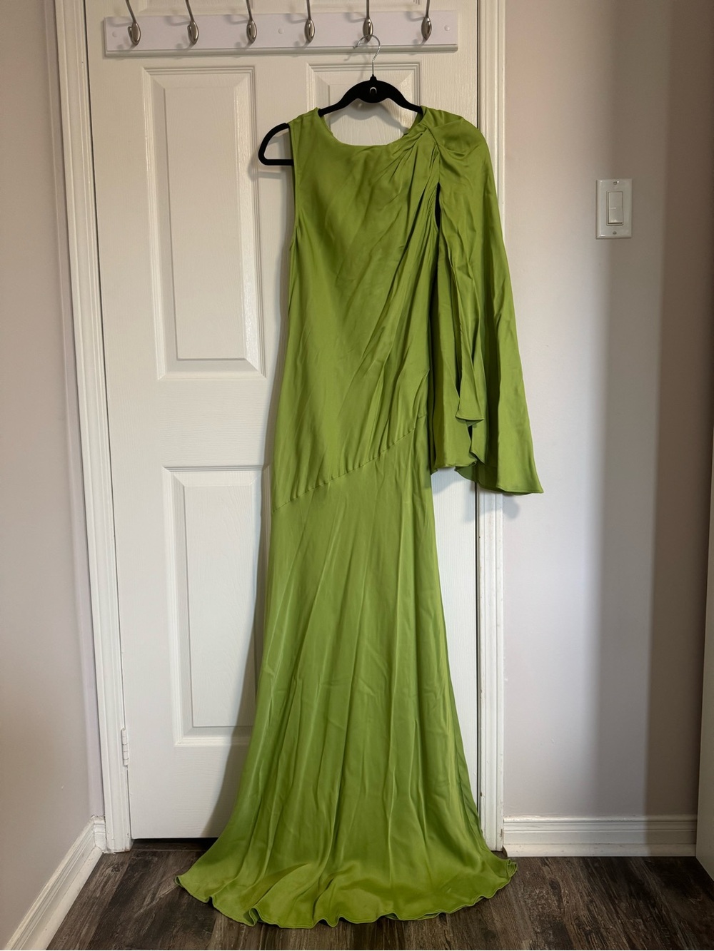 Mango One-Shoulder Cape Lime Green Satin Evening Gown